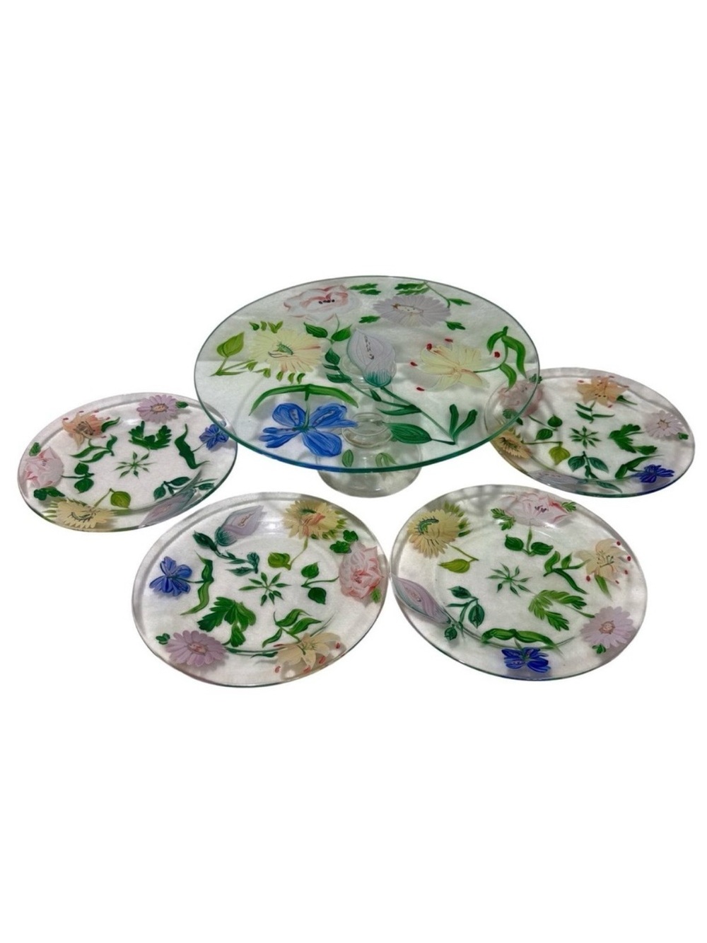 Floral Glass Cake Stand 4 Matching Plates Hand‑Painted Vintage Garden Party Set